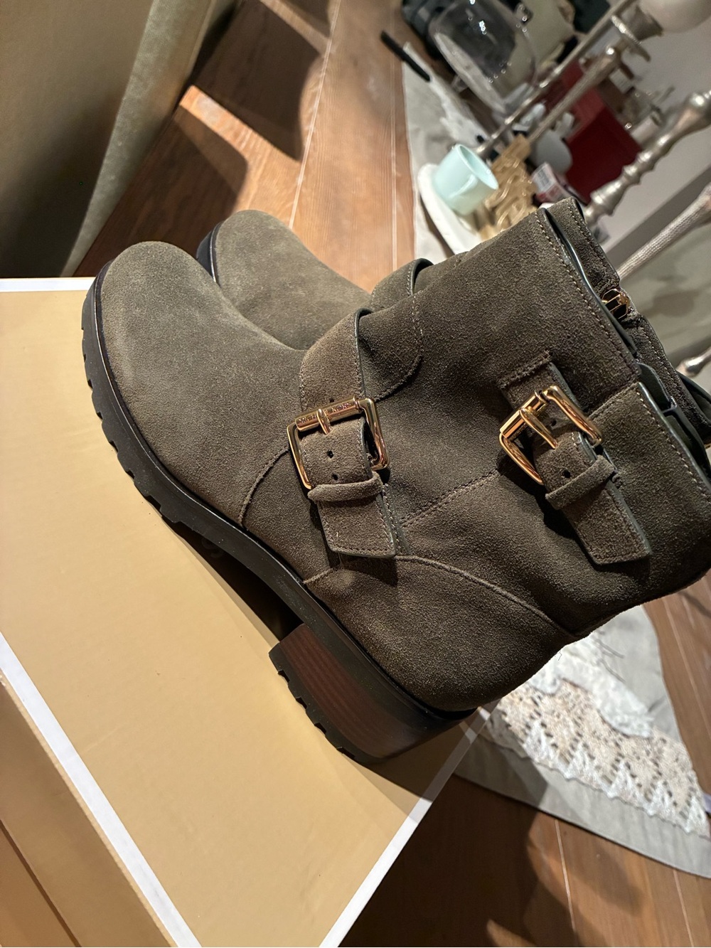 MICHAEL Michael Kors Olive Green Suede Ankle Boots with Gold Buckles